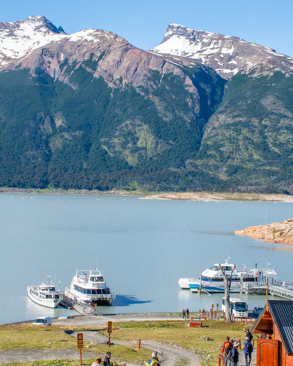 Boats docked at the mini trekking departure point near the Perito Moreno Glacier