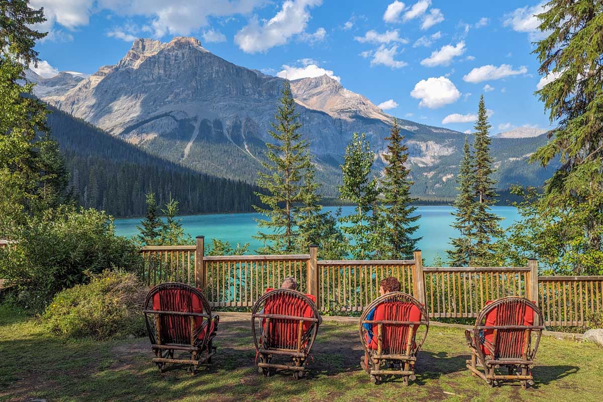 Chairs overlook Emerald Lake at Emerald Lake in Yoho National Park