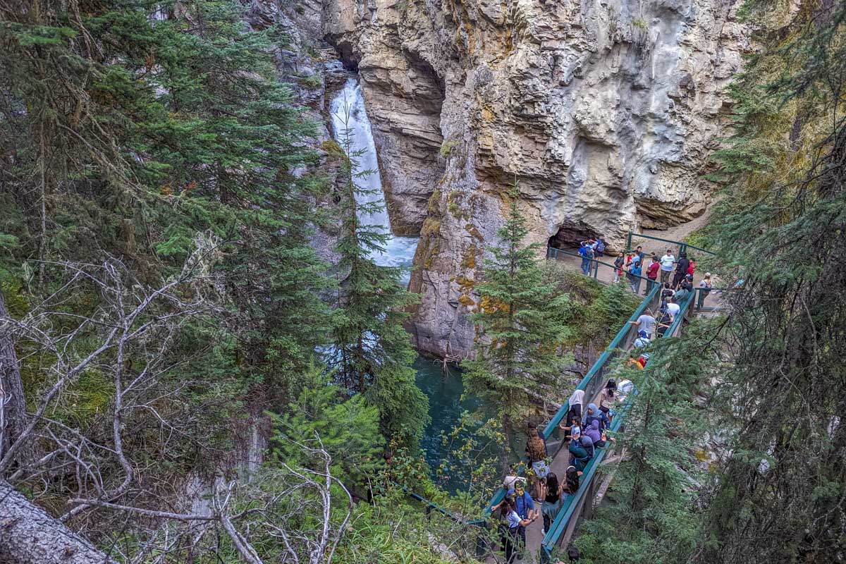 Crowds of people line up to see the lower falls on Johnston Canyon in Banff National Park