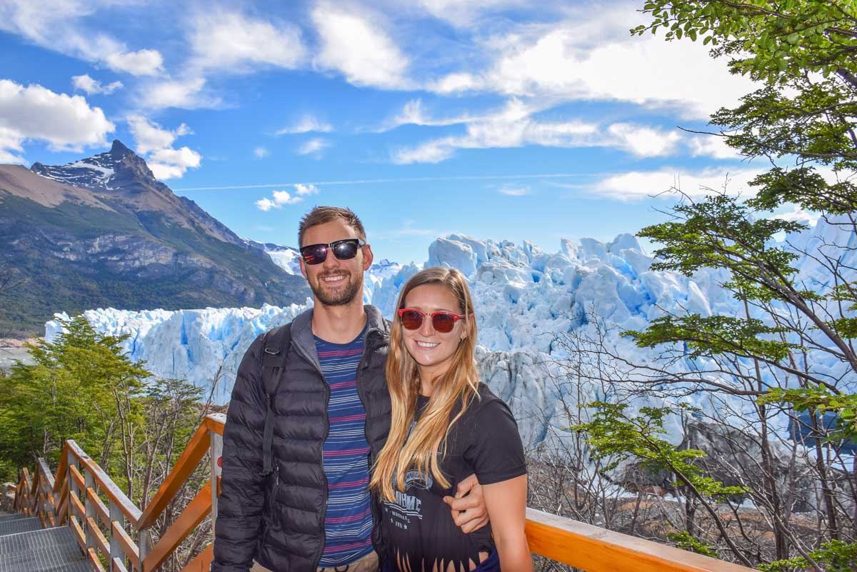 Daniel and Bailey pose for a photo on the boardwalk of Perito Moreno Glacier