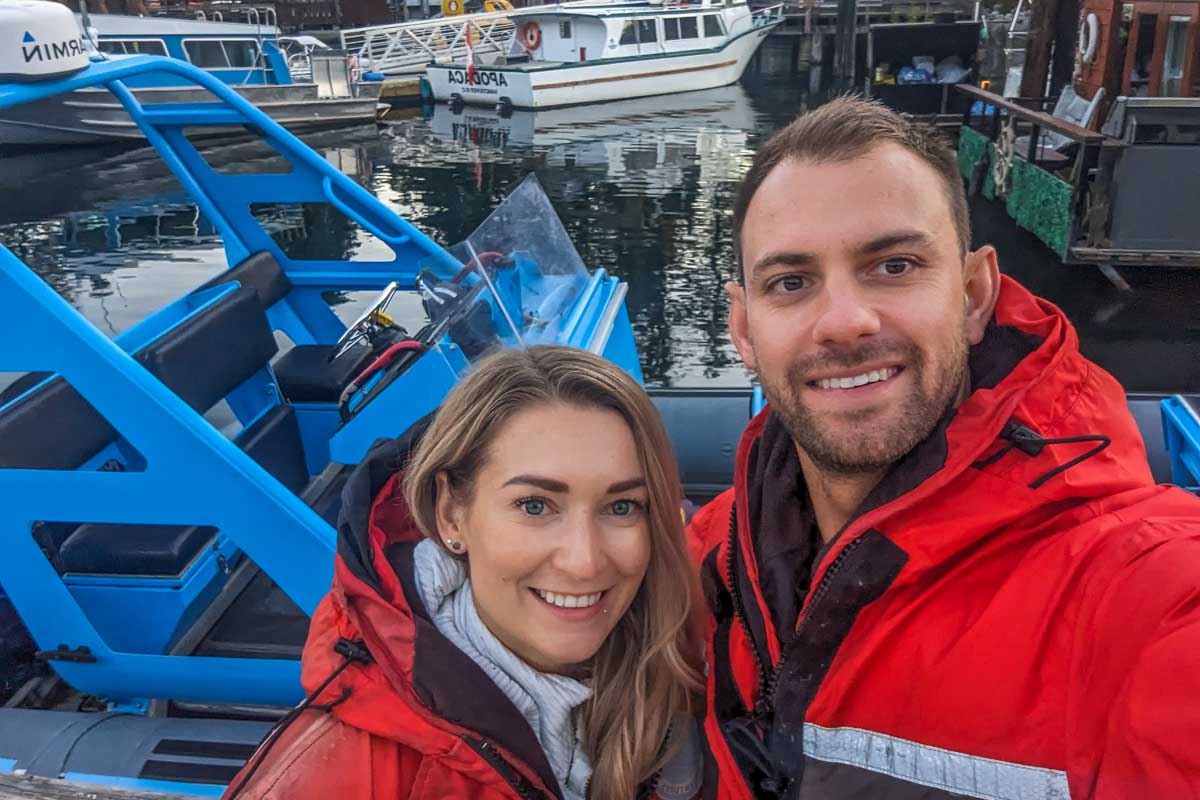 Daniel and Bailey take a selfie while on a zodiac tour to Bowen Island from Vancouver