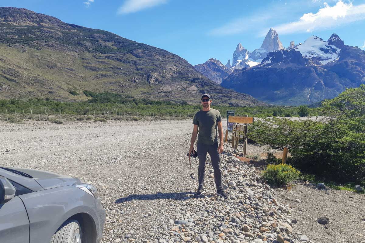 Daniel with our rental car in El Chalten, Argentina