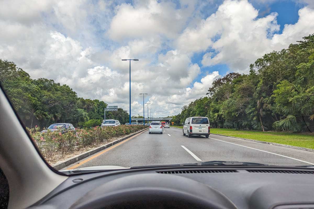 Driving out of Cancun Airport towards the hotel zone in Cancun, Mexico