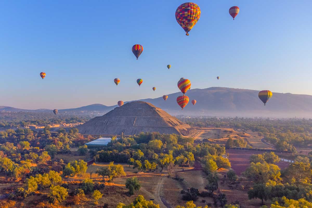 Hot air balloons fly over Teotihuacán near Mexico City