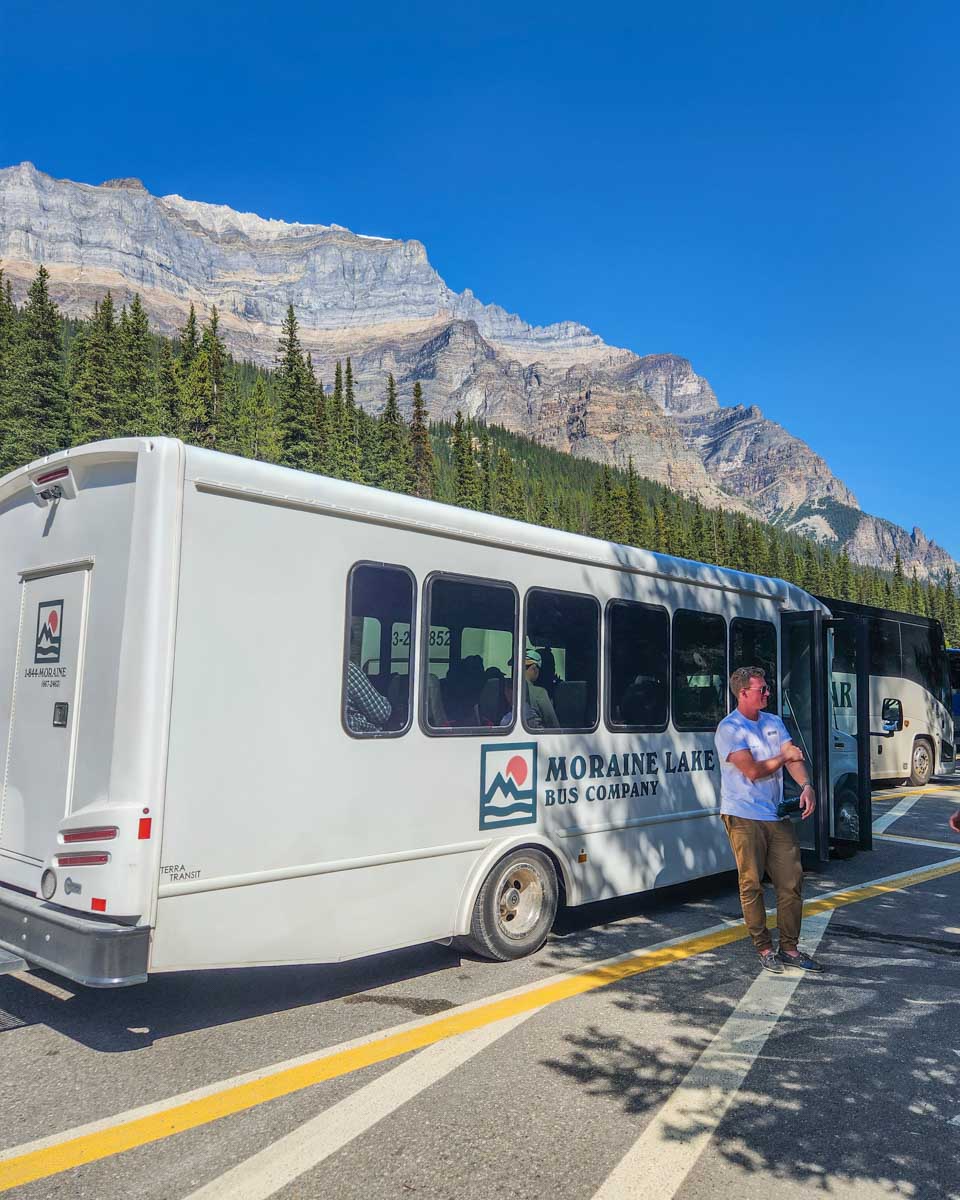 Moraine Lake bus company shuttle at Moraine Lake, Canada