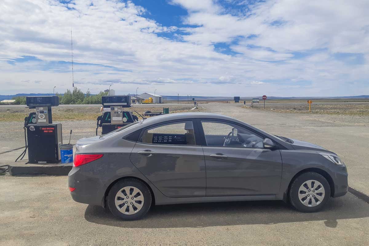 Our Rental car in Patagonia at a small fuel station