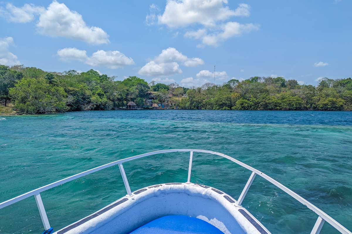 Our boat in Cenote Esmeralda on Bacalar Lagoon, Mexico