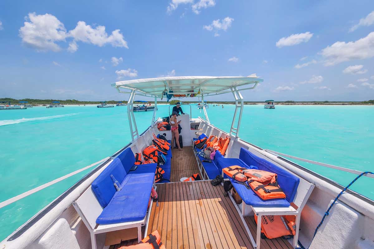 Our boat on our Bacalar boat tour, Mexico