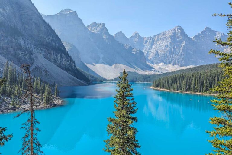 The blue water of Moraine Lake as seen from the rockpile