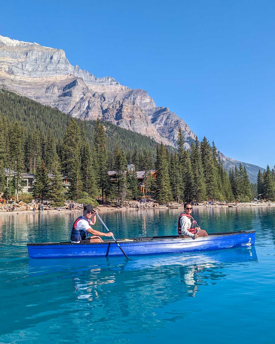 Two people canoe at Moraine Lake, Banff