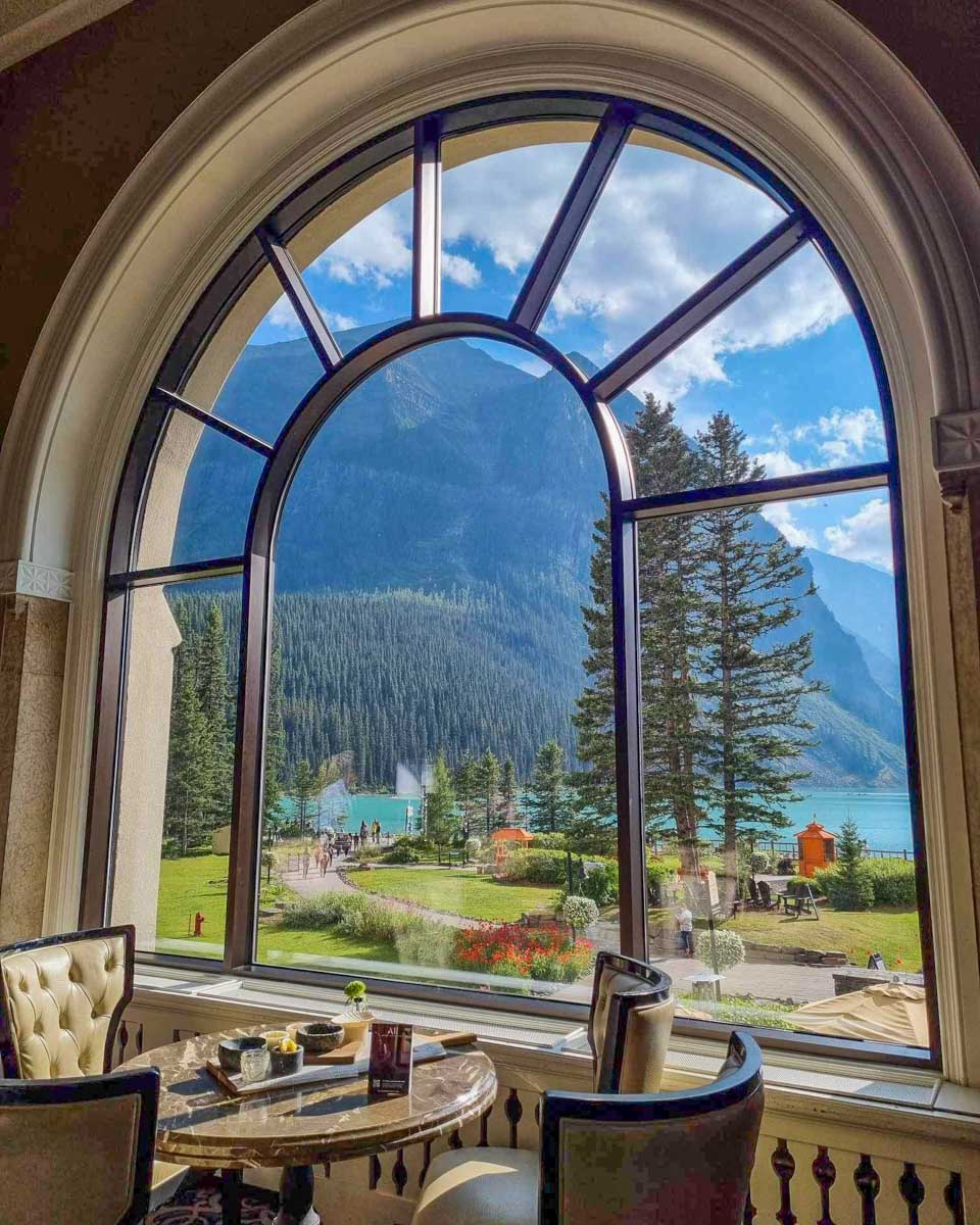 Views from the restaurant in the Fairmont Château Lake Louise