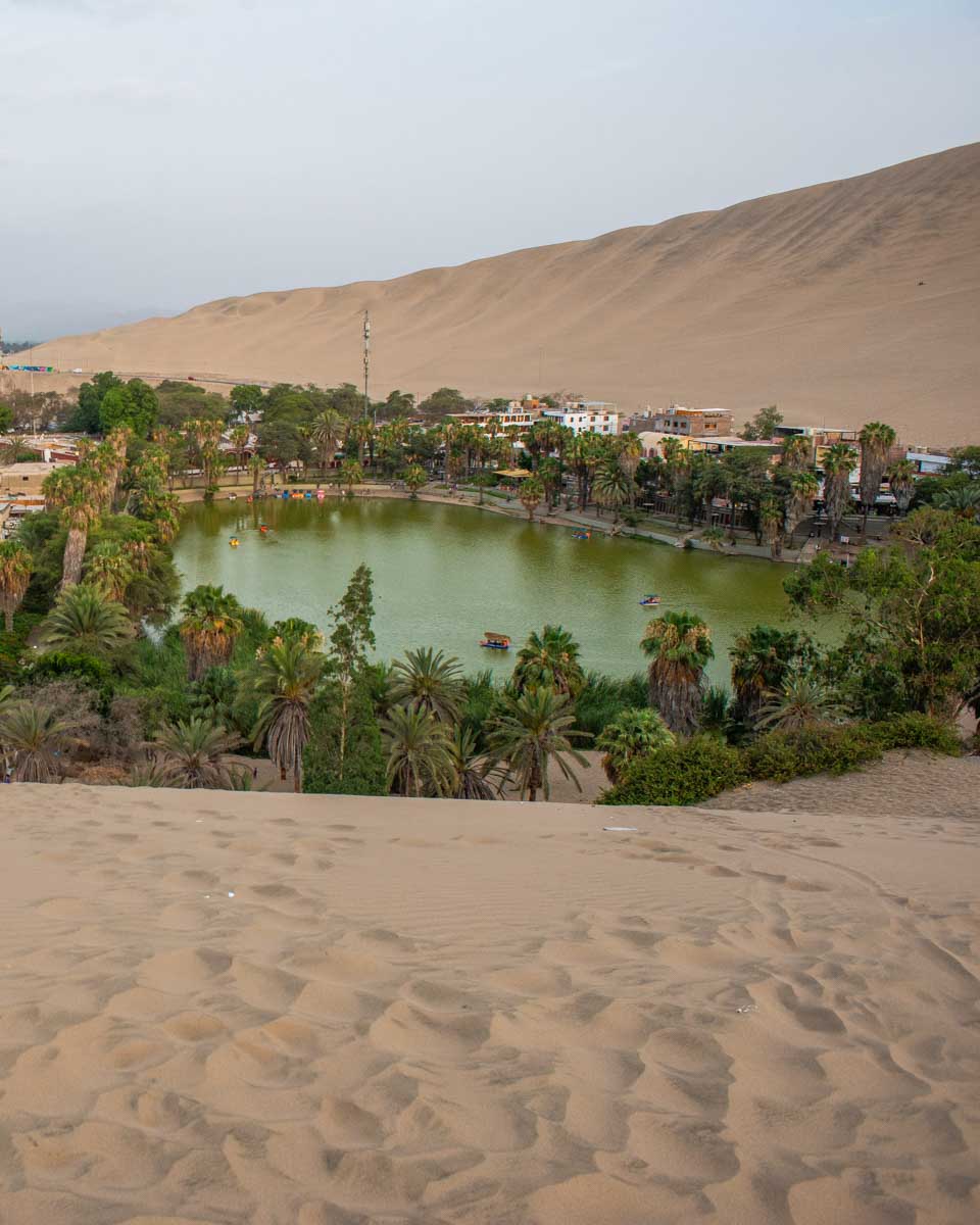 view of the Oasis lagoon in Huacachina, Peru