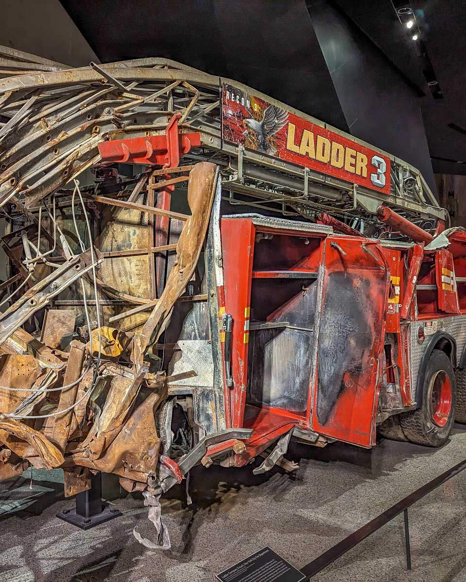 A damaged firetruck at the 911 Memorial and Museum