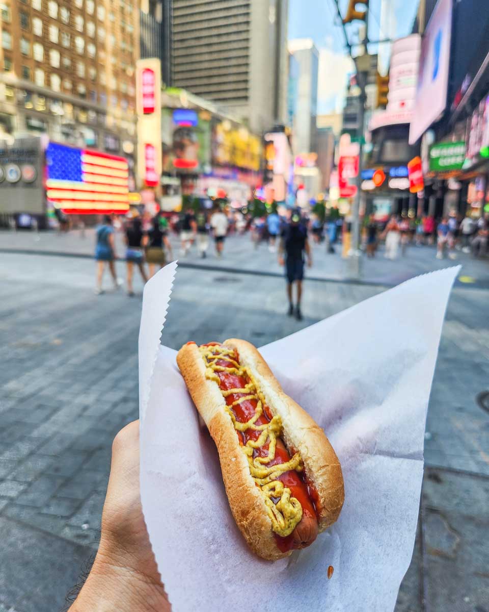 A hot dog at Times Square in New York City, New York