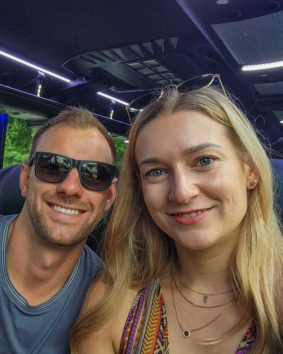 Bailey and Daniel take a selfie on a guided bus tour of New York City