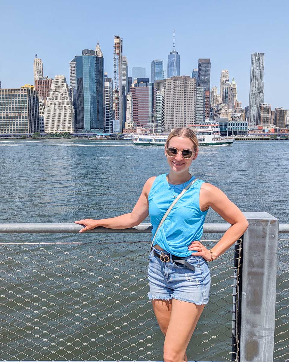 Bailey in Brooklyn heights, New York with views of Manhattan