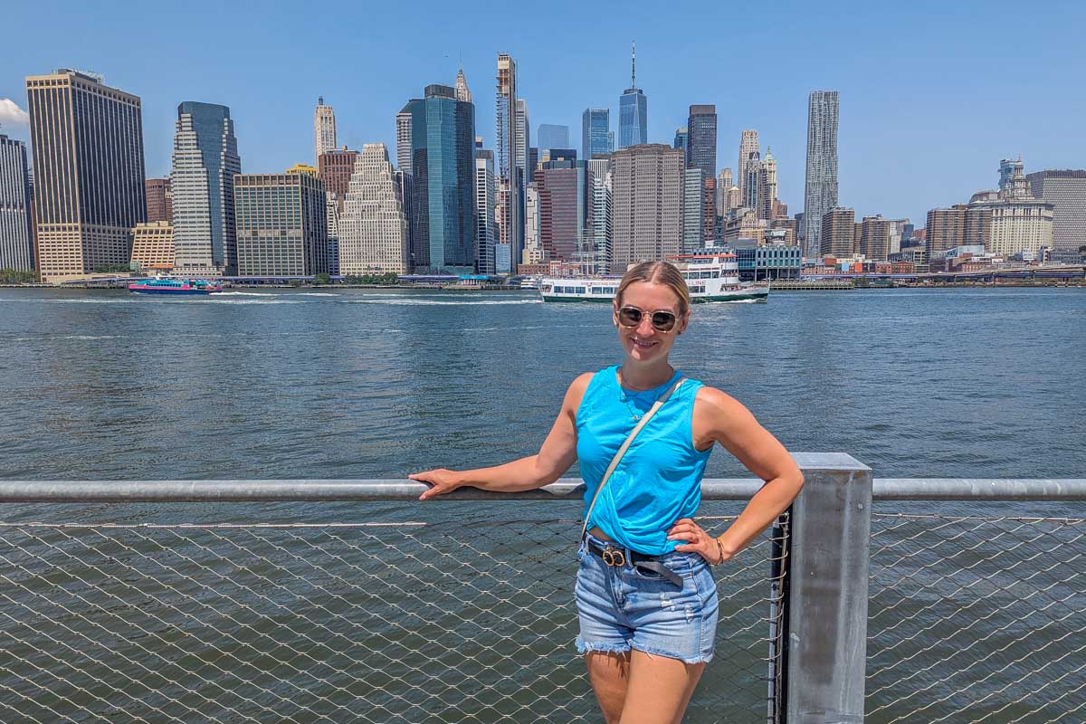 Bailey looks over at Manhattan from Brooklyn