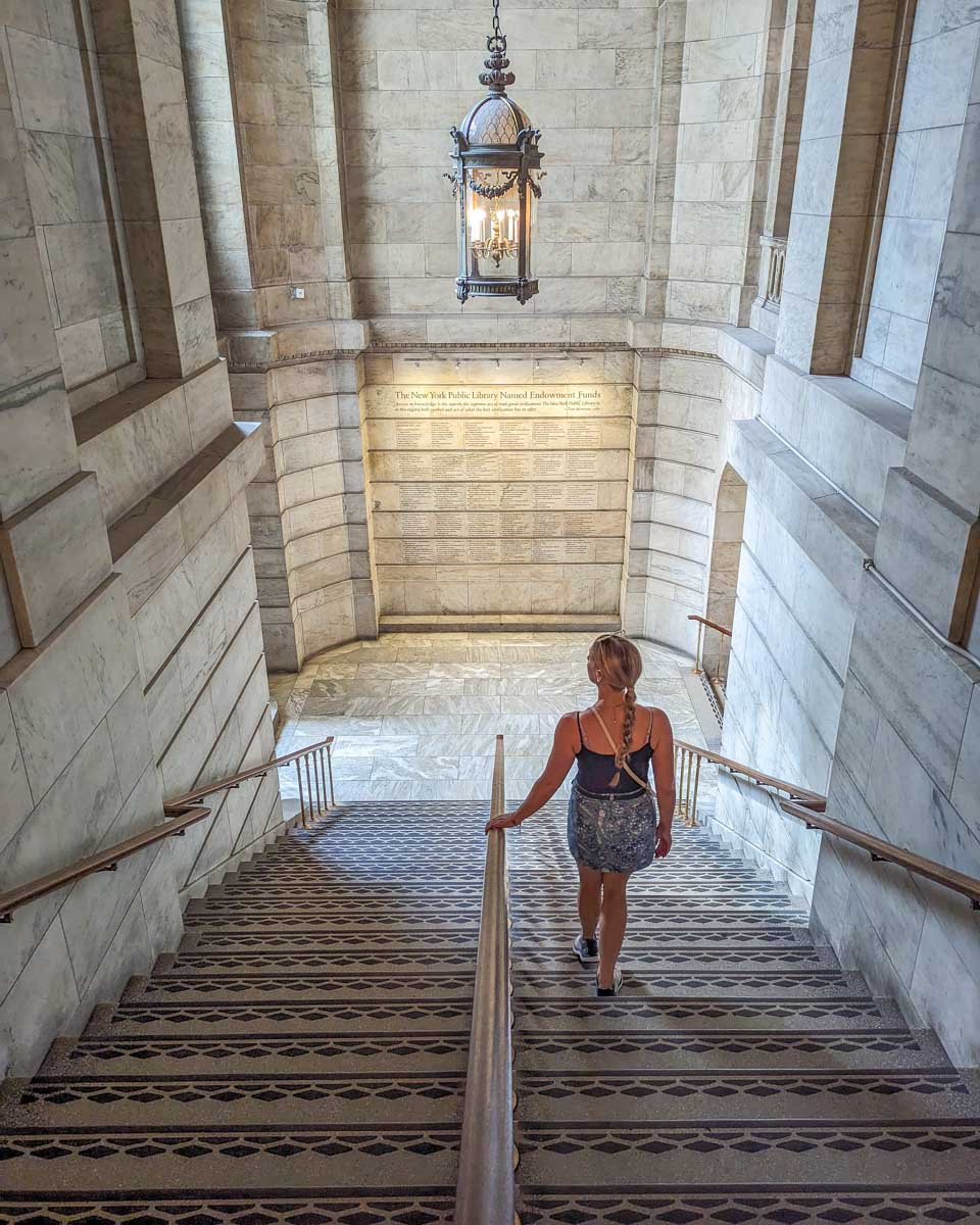 Bailey walks down some stairs at the New York Public Library