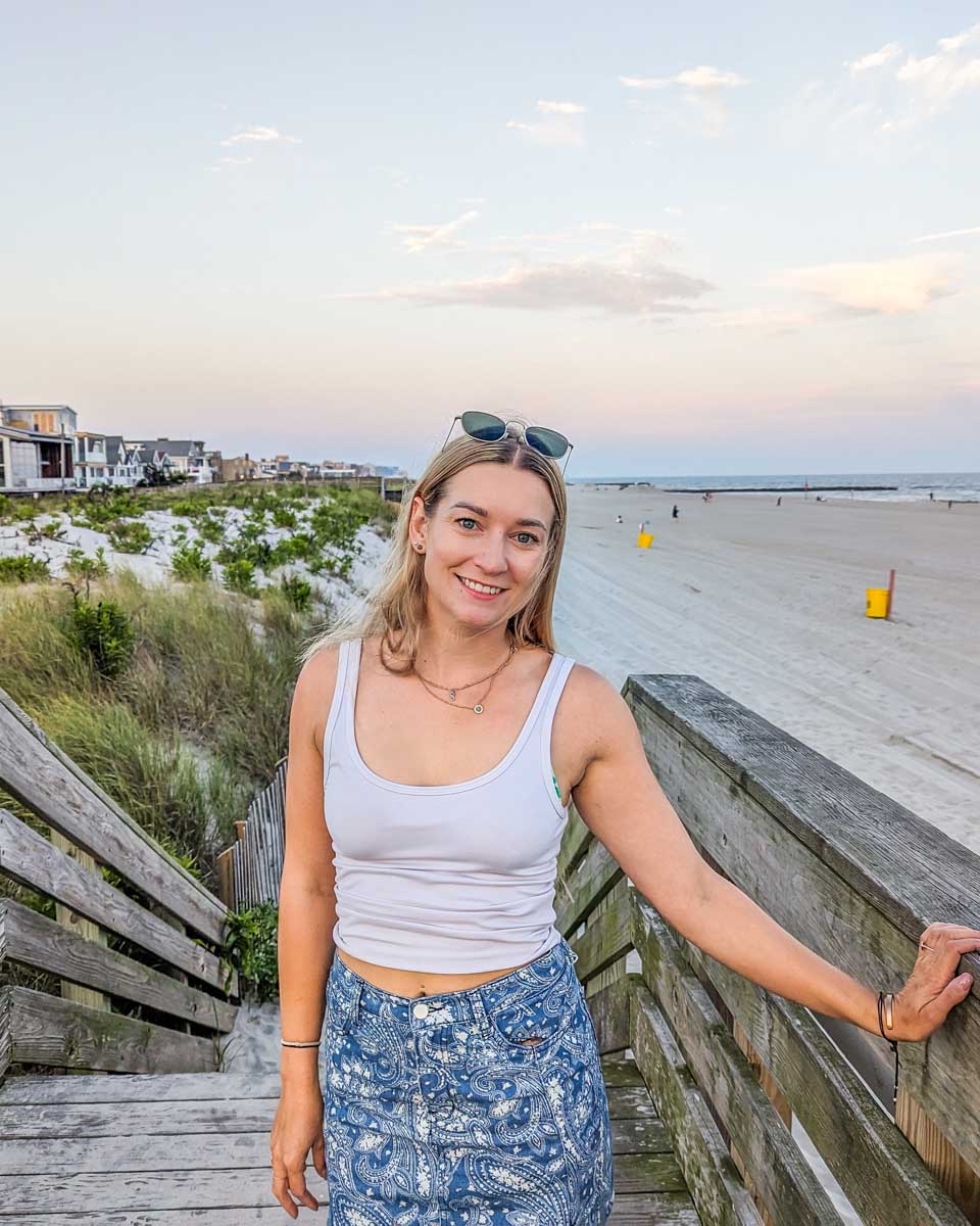Bailey watches the sunset on Long Island in Long Beach, New York