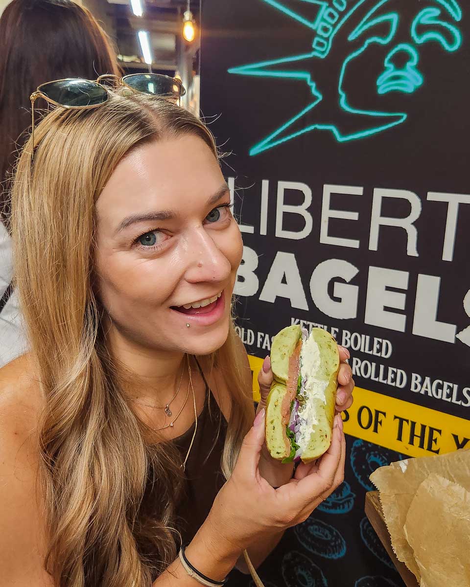Bailey with a bagel in New York City