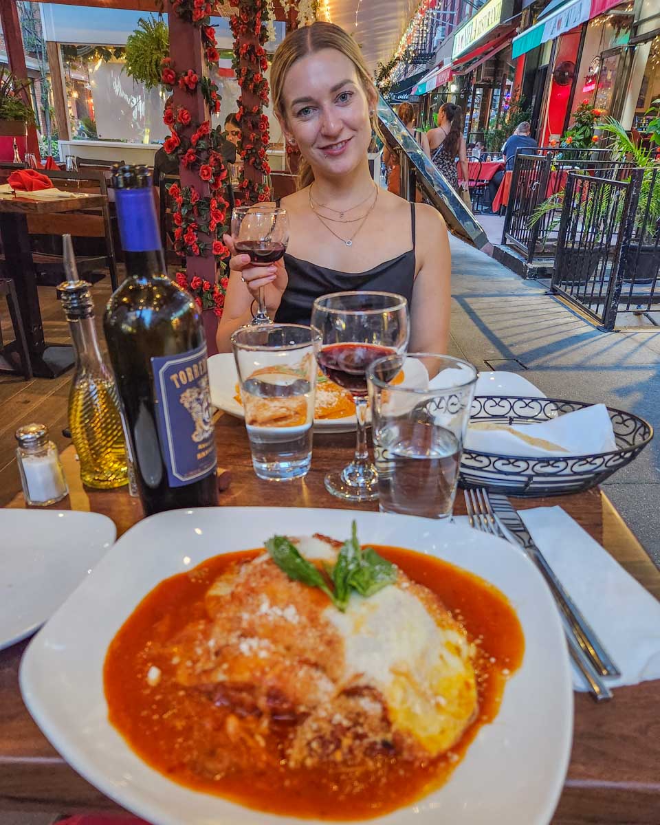Biley enjoys a meal at L'Amore Restaurant in little Italy New York City