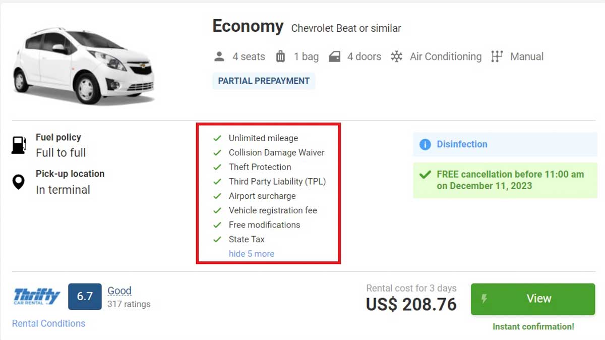 Rental car inclusions