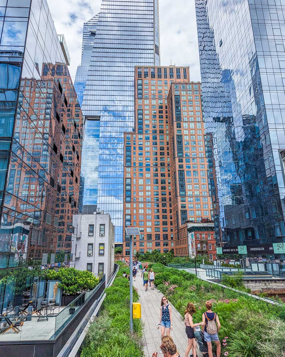 The High Line Trail with views of the skyscrapers in NYC