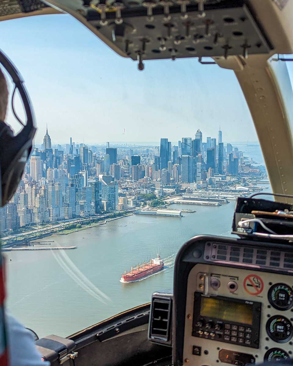 View from the pilots window on a NYC helicopter ride