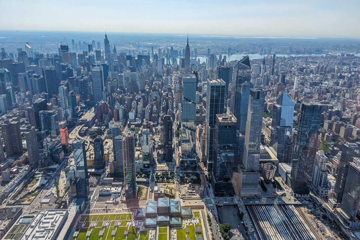 View looking down at New York City on a helicopter flight