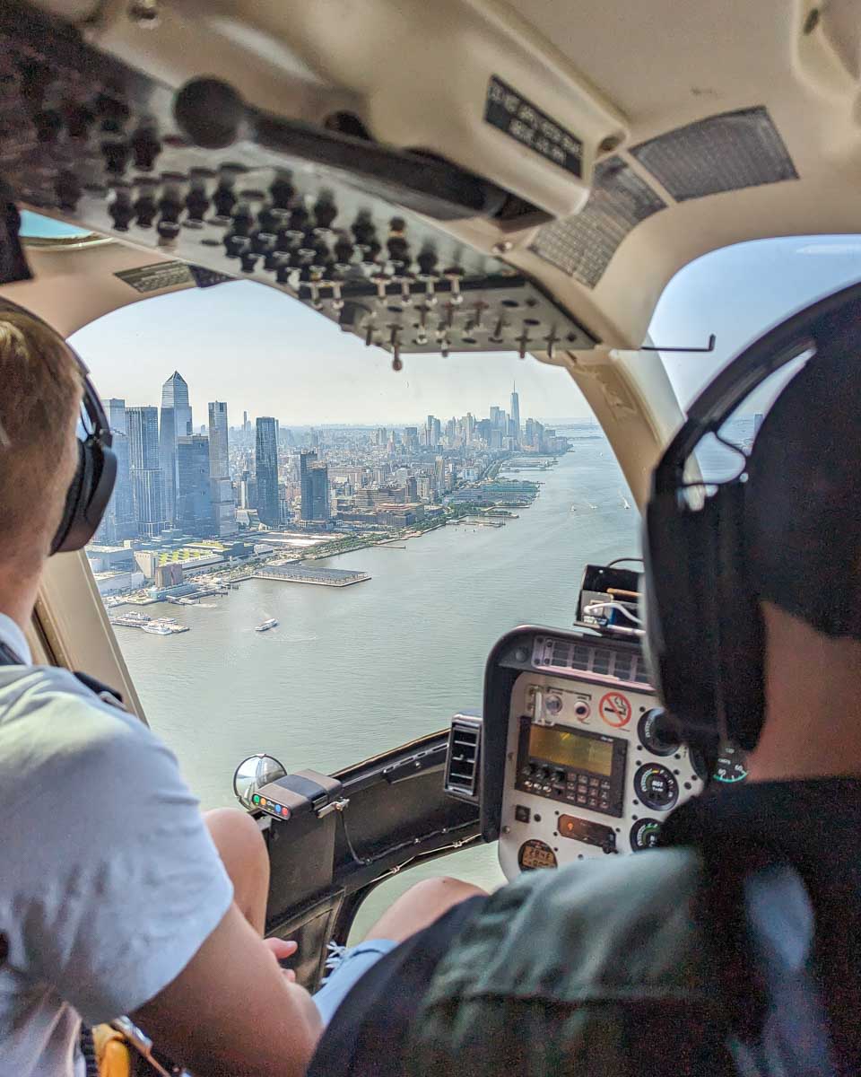 View out the pilots window on a New York City helicopter flight