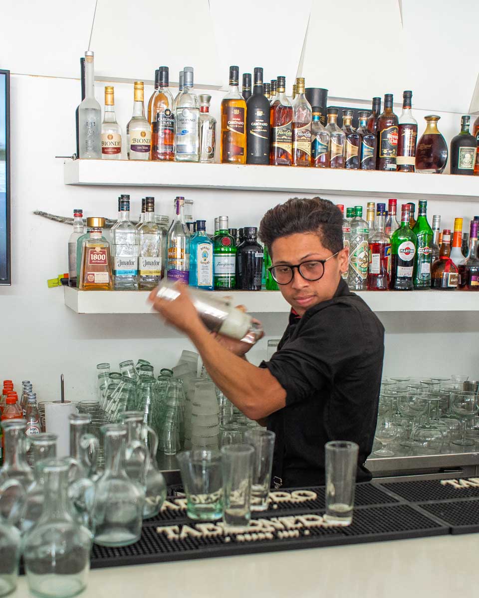 A bar tender shakes up a pisco sour in Lima Peru on a food tour