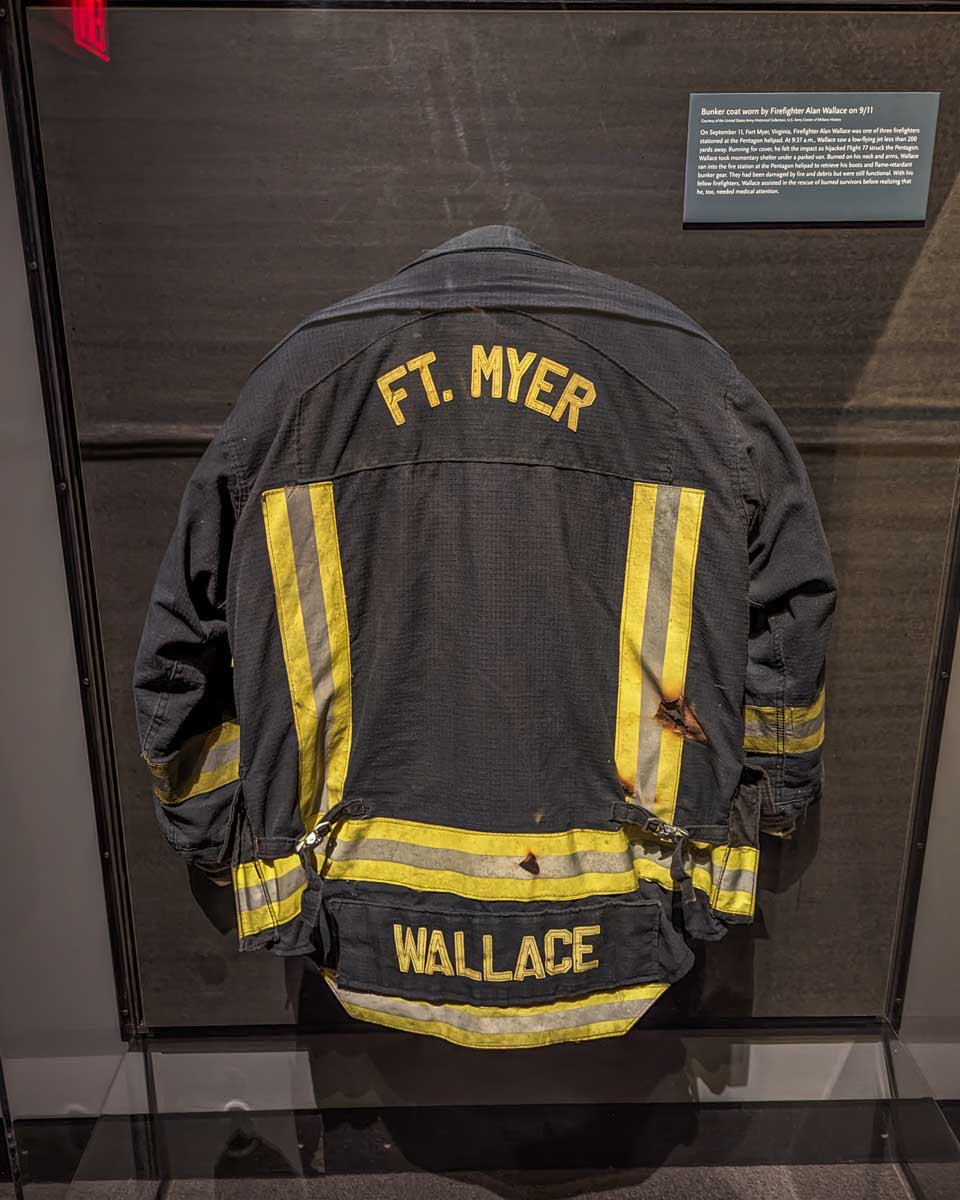 A fire fighters jacket from 911 inside the 911 Museum