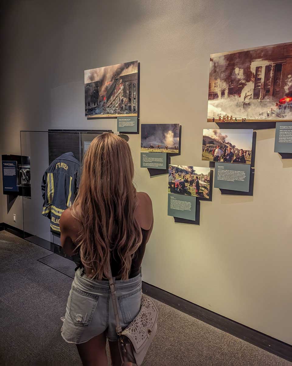 Bailey looks at displays insid ethe 911 Memorial and Museum in New York City