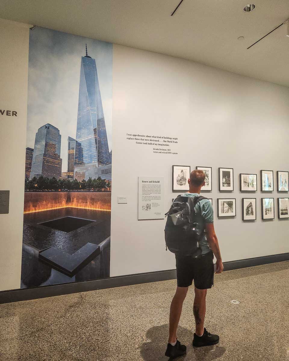 Daniel looks at a display at the 911 Museum in New York City