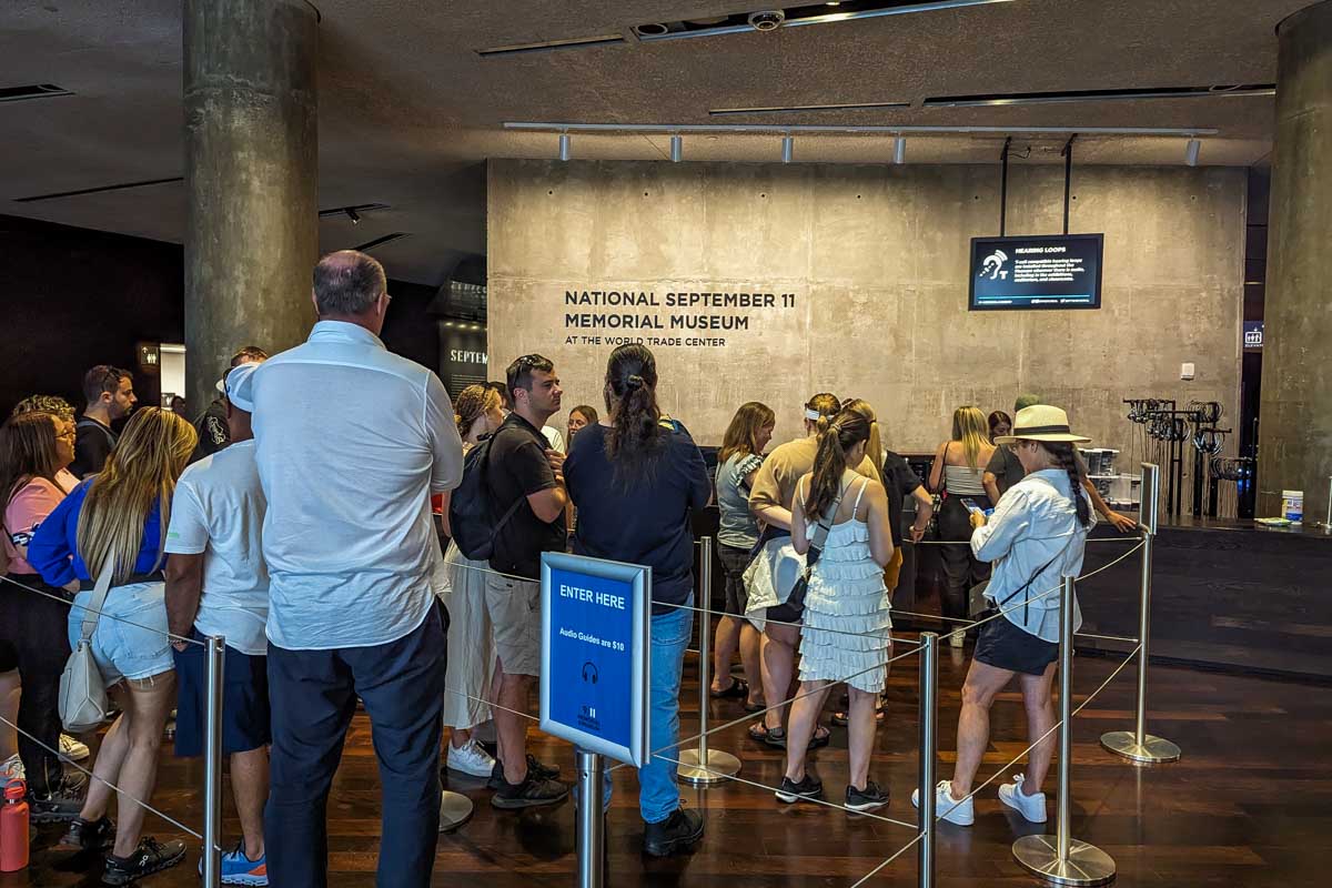 People line up the purchase the audio tour at the 911 Museum in New York City