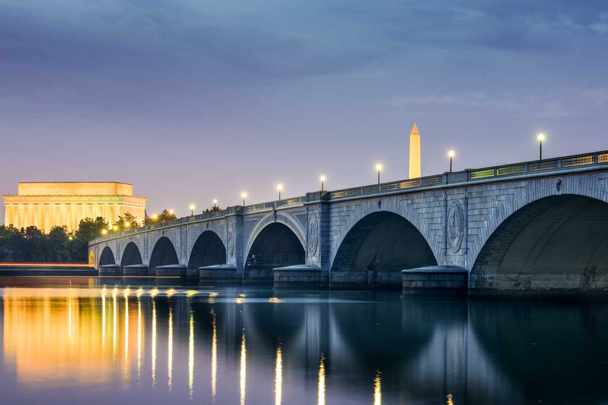 The Arlington Memorial Bridge and the Lincon memorial as seen from the Potomac River in Washington DC during a dinner cruise in NYC