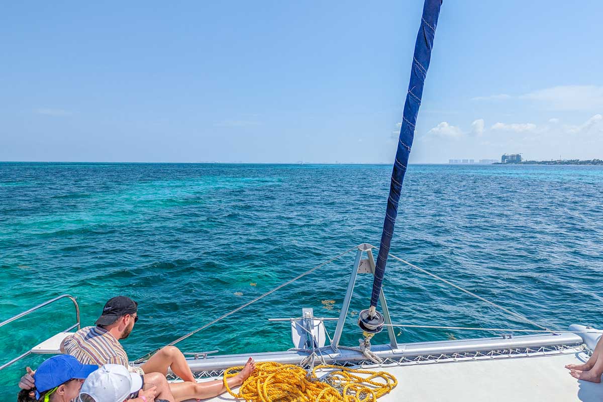 View out the front of the catamaran on our tour from Tulum, Mexico to Isla Mujeres