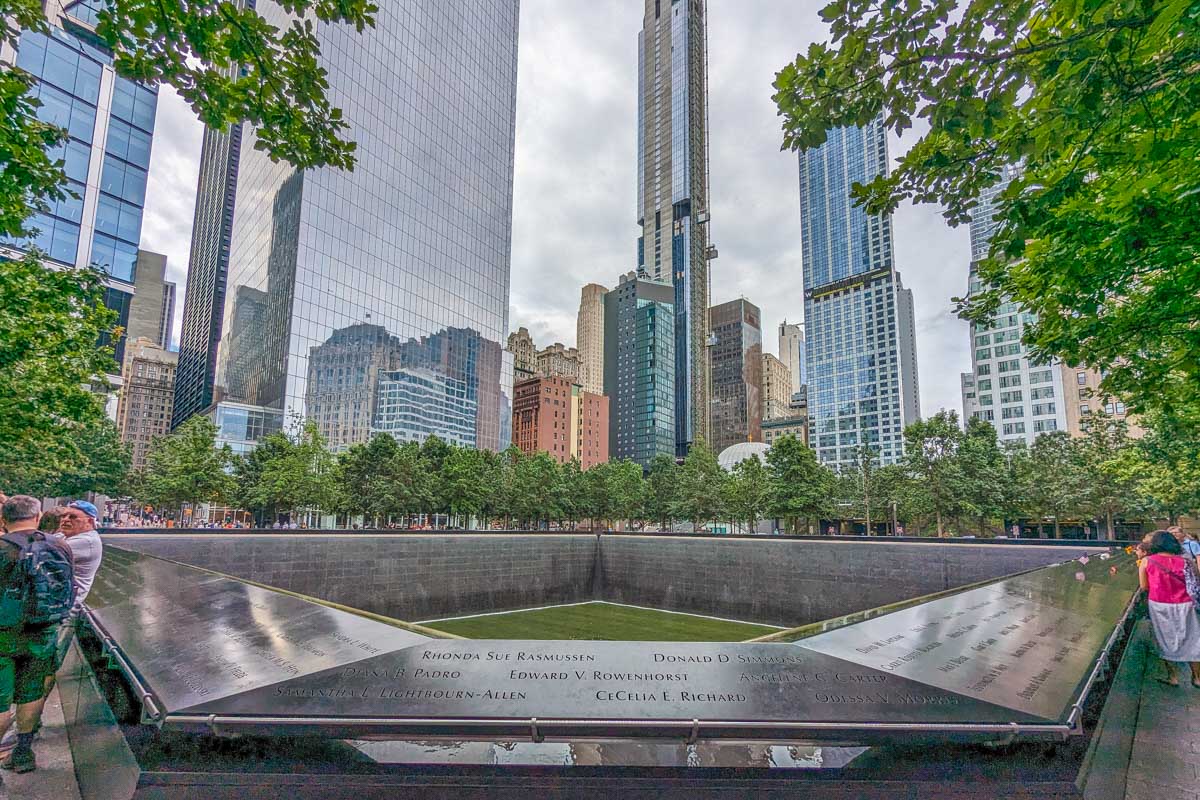 Wide shot of the 911 Memorial you can visit for free in New York City