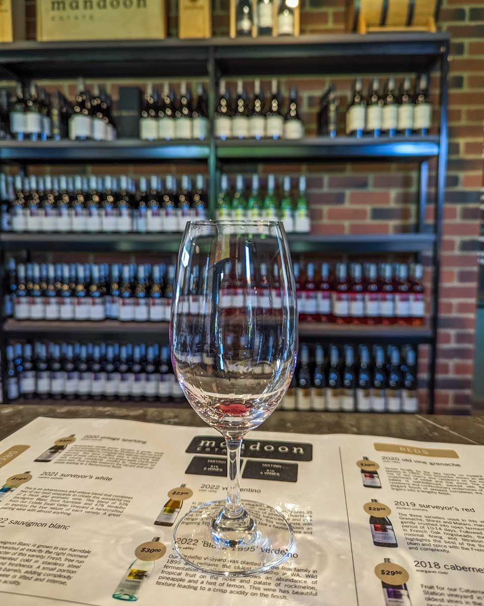 A glass of wine at a winery in the Swan Valley wine region, Perth