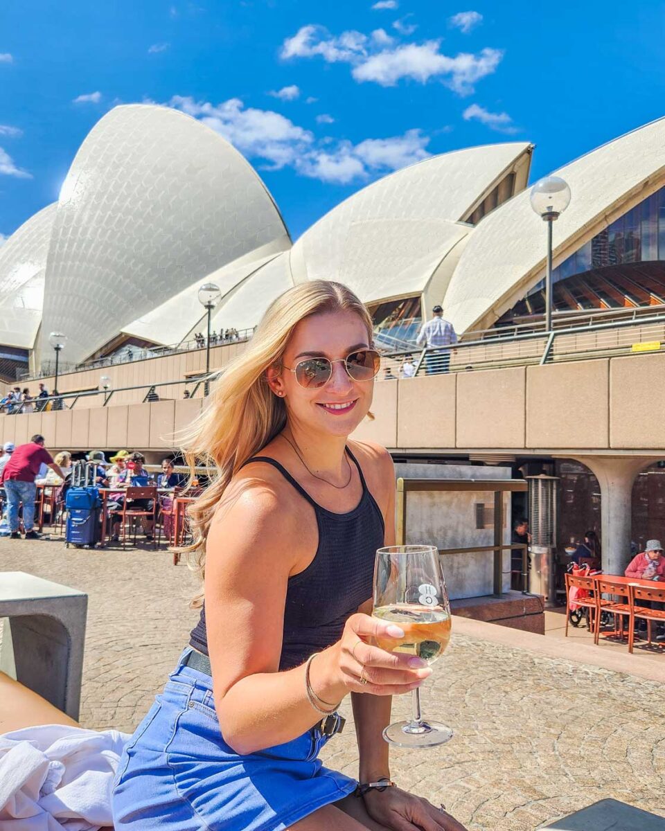 Bailey enjoys a drink at the Canteen of the Sydney Opera House with views of the Opera House