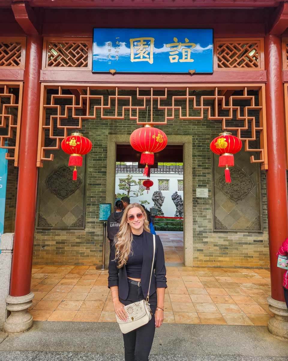 Bailey out the front of the Chicnese Garden near Darling Harbour in Sydney as she walks the city on a tour