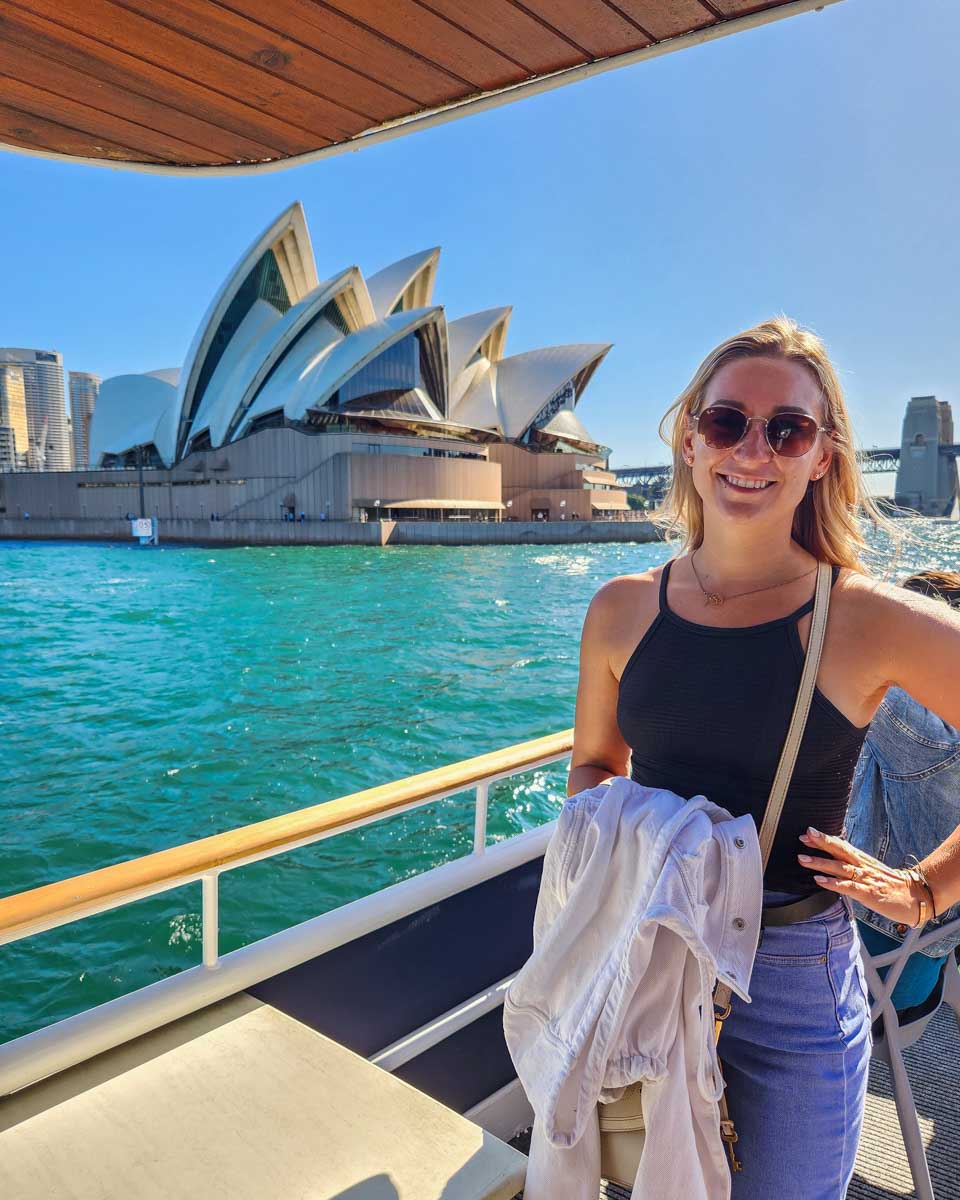 Bailey poses for a photo on the back deck during a Sydney Harbour Lunch cruise