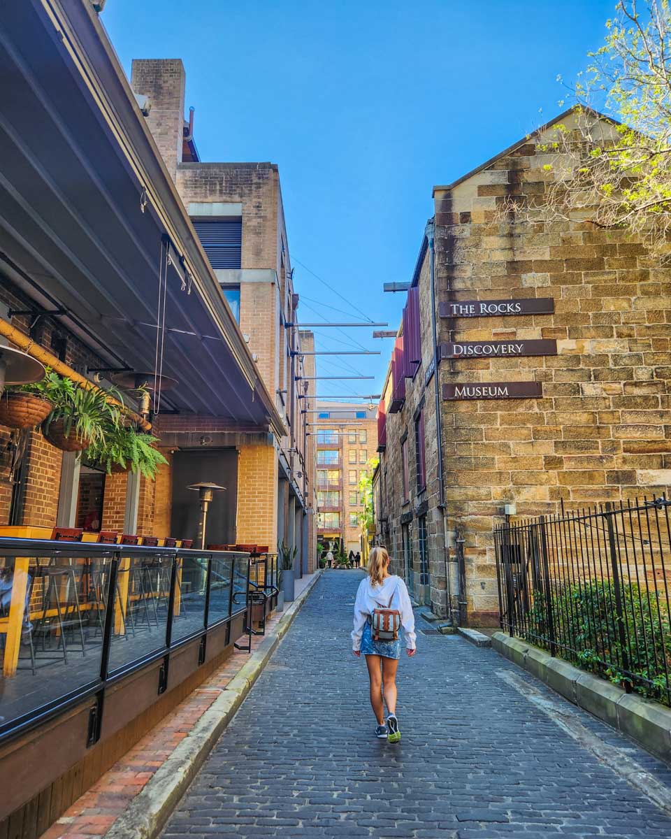 Bailey walks the Rocks in Sydney, Australia
