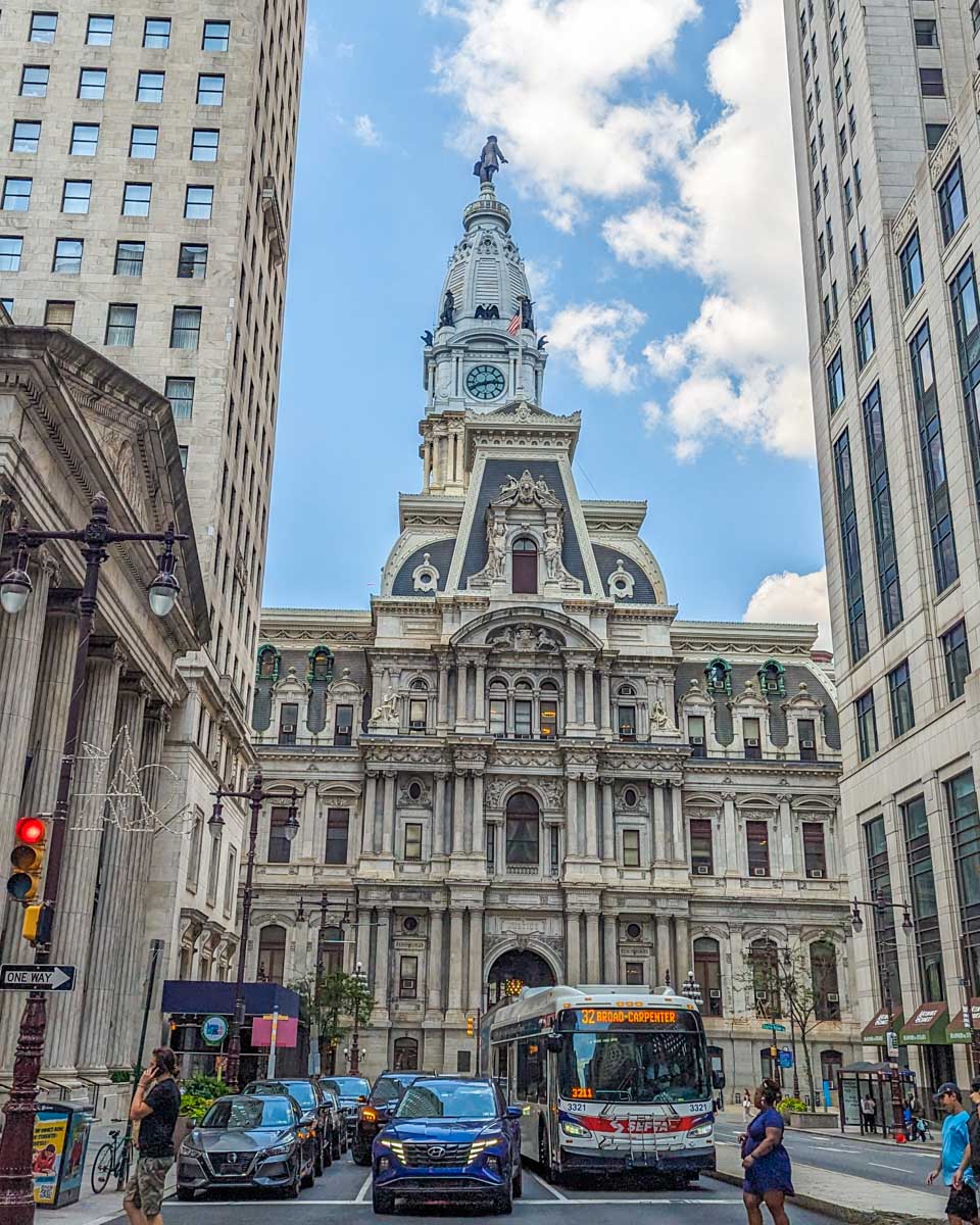 City Hall in Philadelphia sits in the distance with the famous statue on top