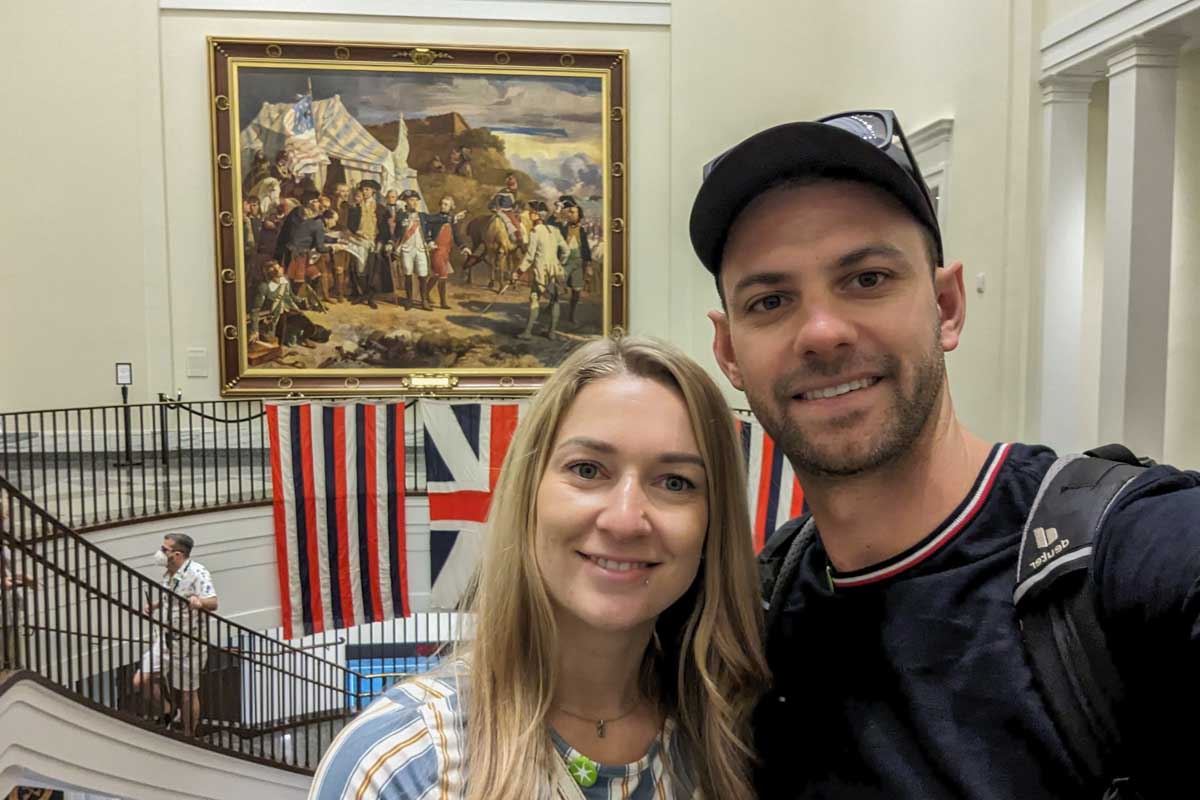 Daniel and Bailey take a selfie at th American Revolution Museum in Philadelphia, USA