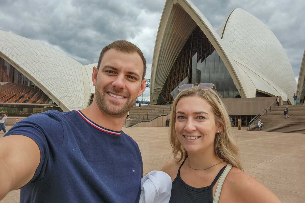 Daniel and Bailey take a selfie at the Sydney opera House, Sydney, Australia