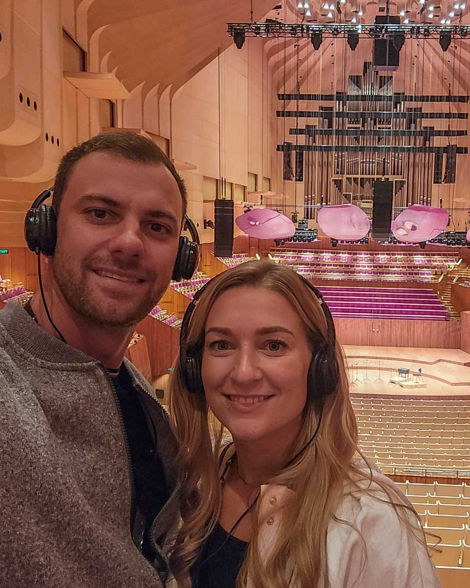 Daniel and Bailey take a selfie inside the concert hall at the Sydney Opera House on a tour