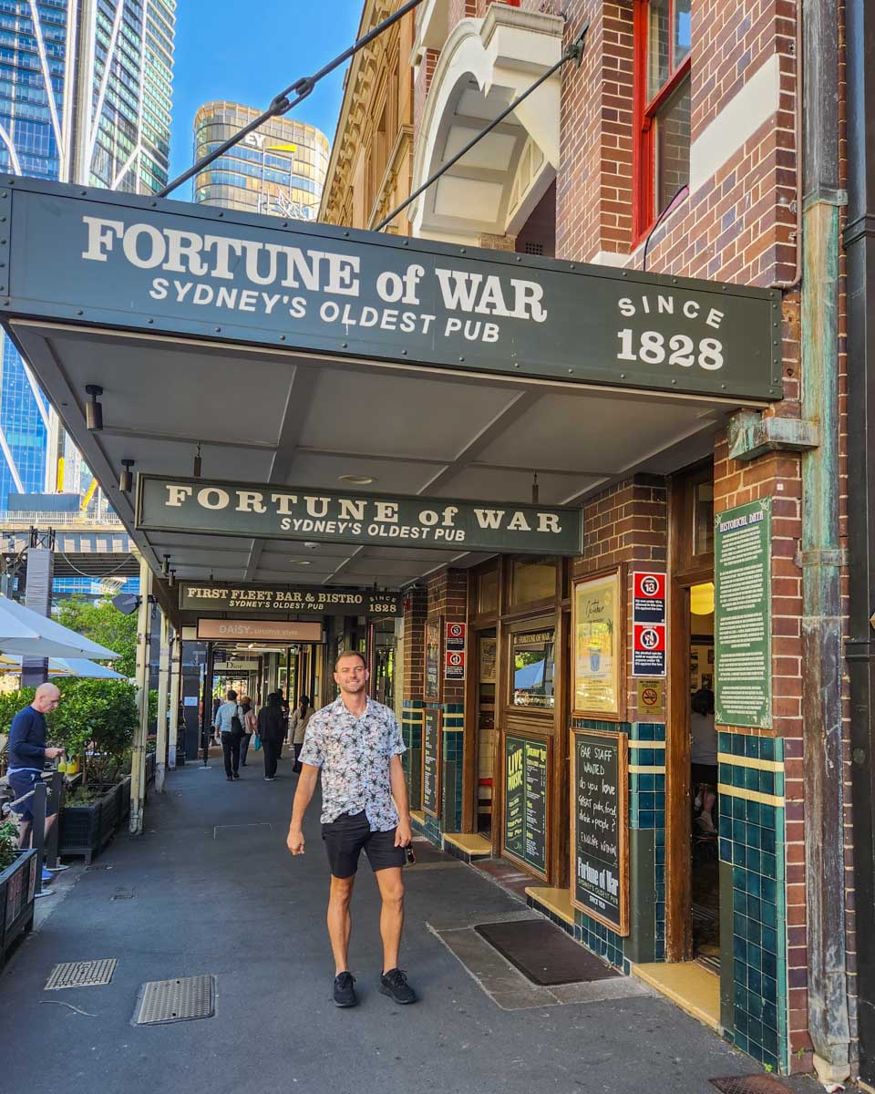 Daniel out the front of the Fortunes of Wat pub in The Rocks, Sydney