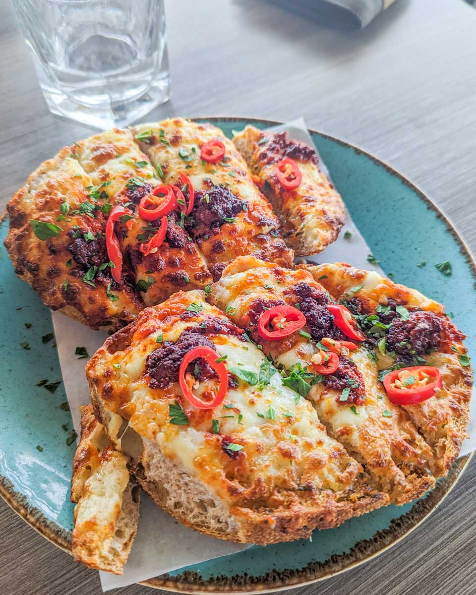 Loaded garlic bread on a wine tour in the Swan Valley