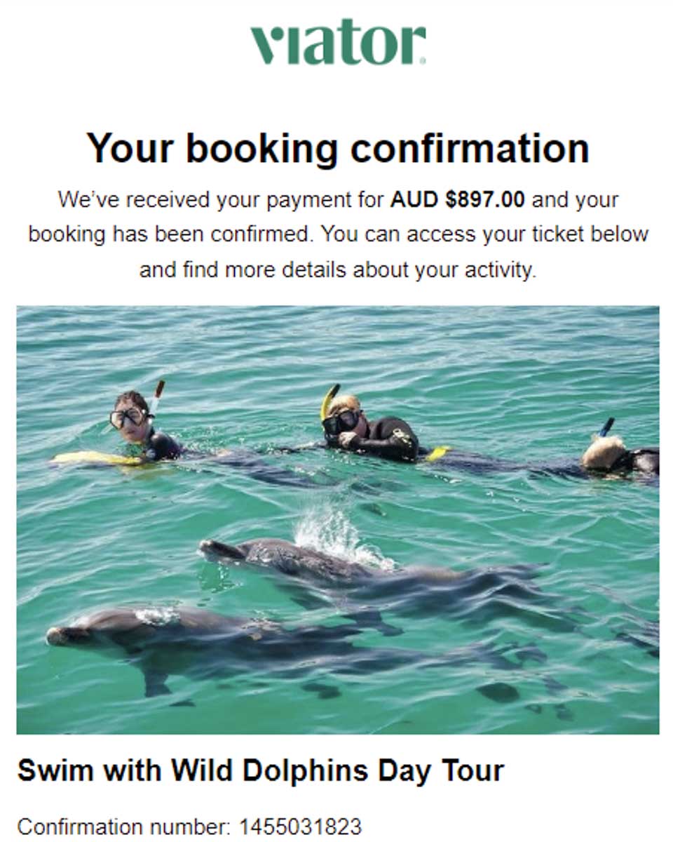 Our booking confirmation after booking a dolphin swim on Viator in Perth, Western Australia